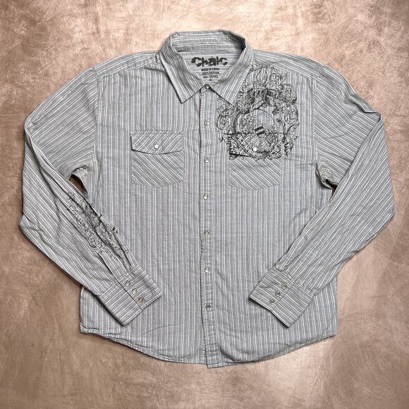 Chalc Rocaille Crest Art Print Plaid Shirt Long Sleeve Button Up Indie Sleaze - Picture 8 of 8